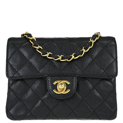 Chanel 2000-2002 Black Caviar Skin Mini Classic Square Flap Shoulder Bag 17