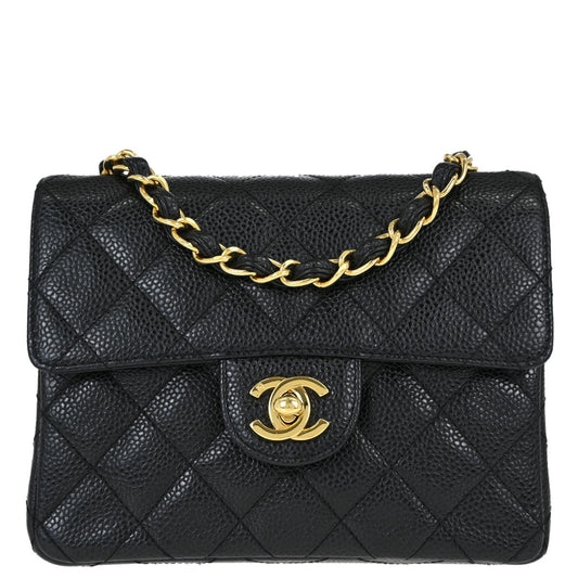Chanel 2000-2002 Black Caviar Skin Mini Classic Square Flap Shoulder Bag 17