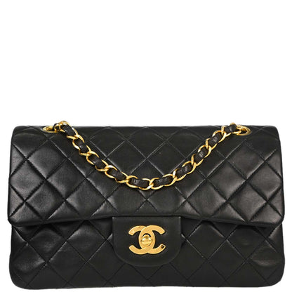 Chanel 1991-1994 Black Lambskin Small Classic Double Flap Shoulder Bag