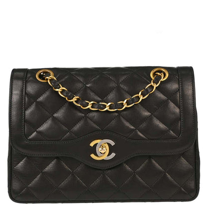 Chanel Black Lambskin Paris Double Flap Shoulder Bag