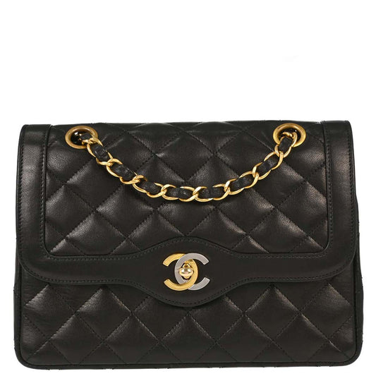 Chanel Black Lambskin Paris Double Flap Shoulder Bag