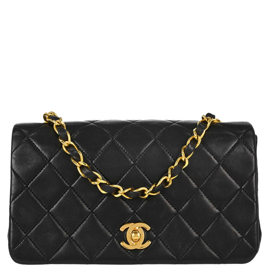 Chanel 1989-1991 Black Lambskin Turnlock Mini Full Flap Shoulder Bag