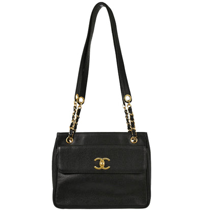 Chanel 1994-1996 Black Caviar Skin Shoulder Tote Bag