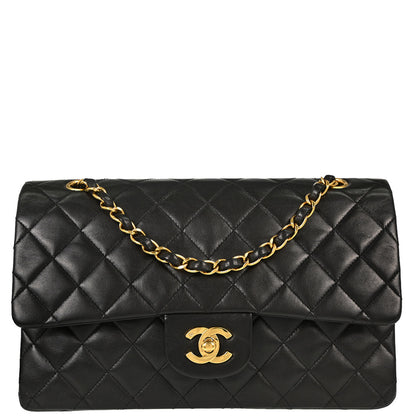 Chanel 1991-1994 Black Lambskin Medium Classic Double Flap Shoulder Bag