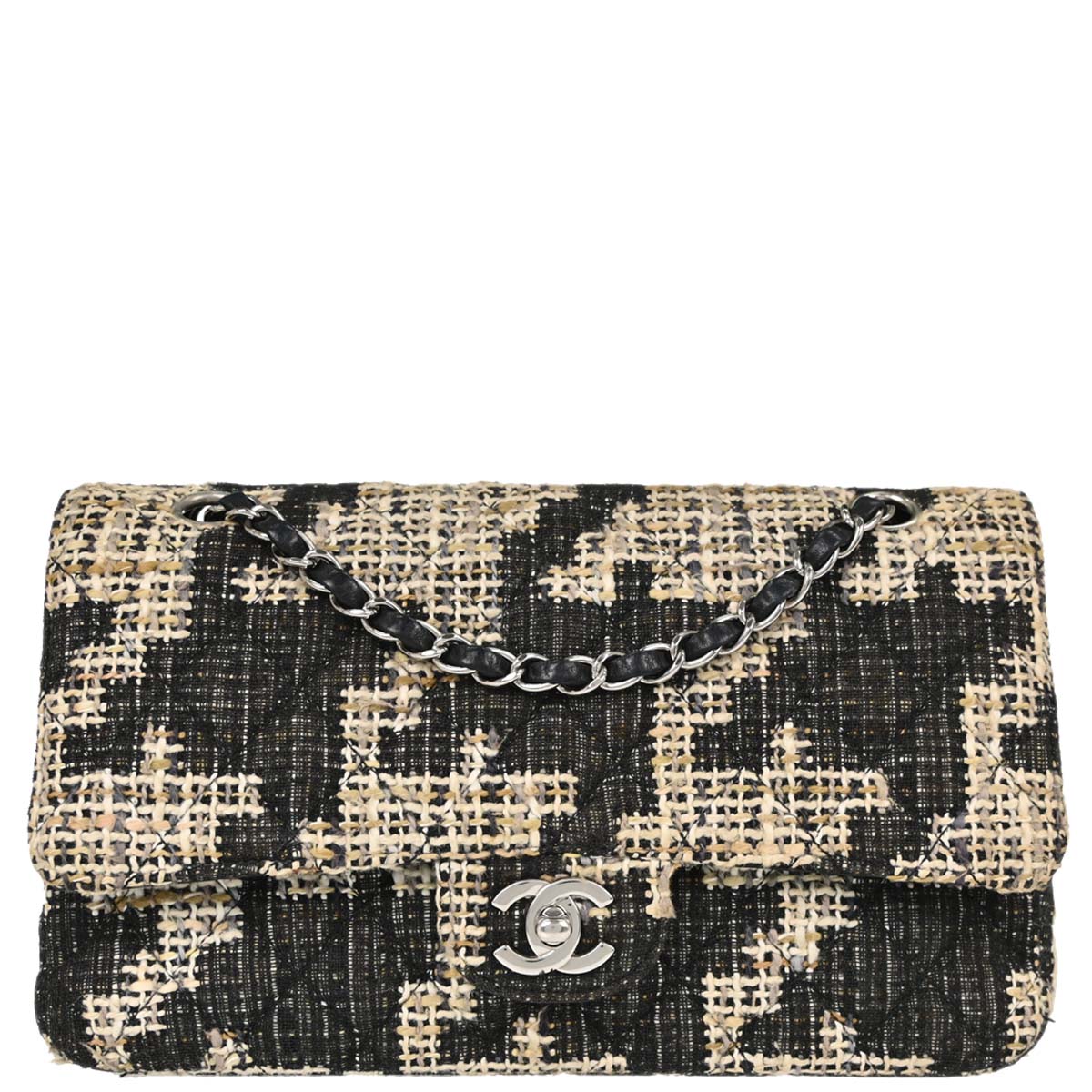 Chanel 2005-2006 Beige Black Tweed Medium Classic Double Flap Shoulder Bag