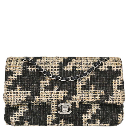 Chanel 2005-2006 Beige Black Tweed Medium Classic Double Flap Shoulder Bag