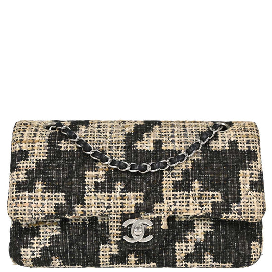Chanel 2005-2006 Beige Black Tweed Medium Classic Double Flap Shoulder Bag