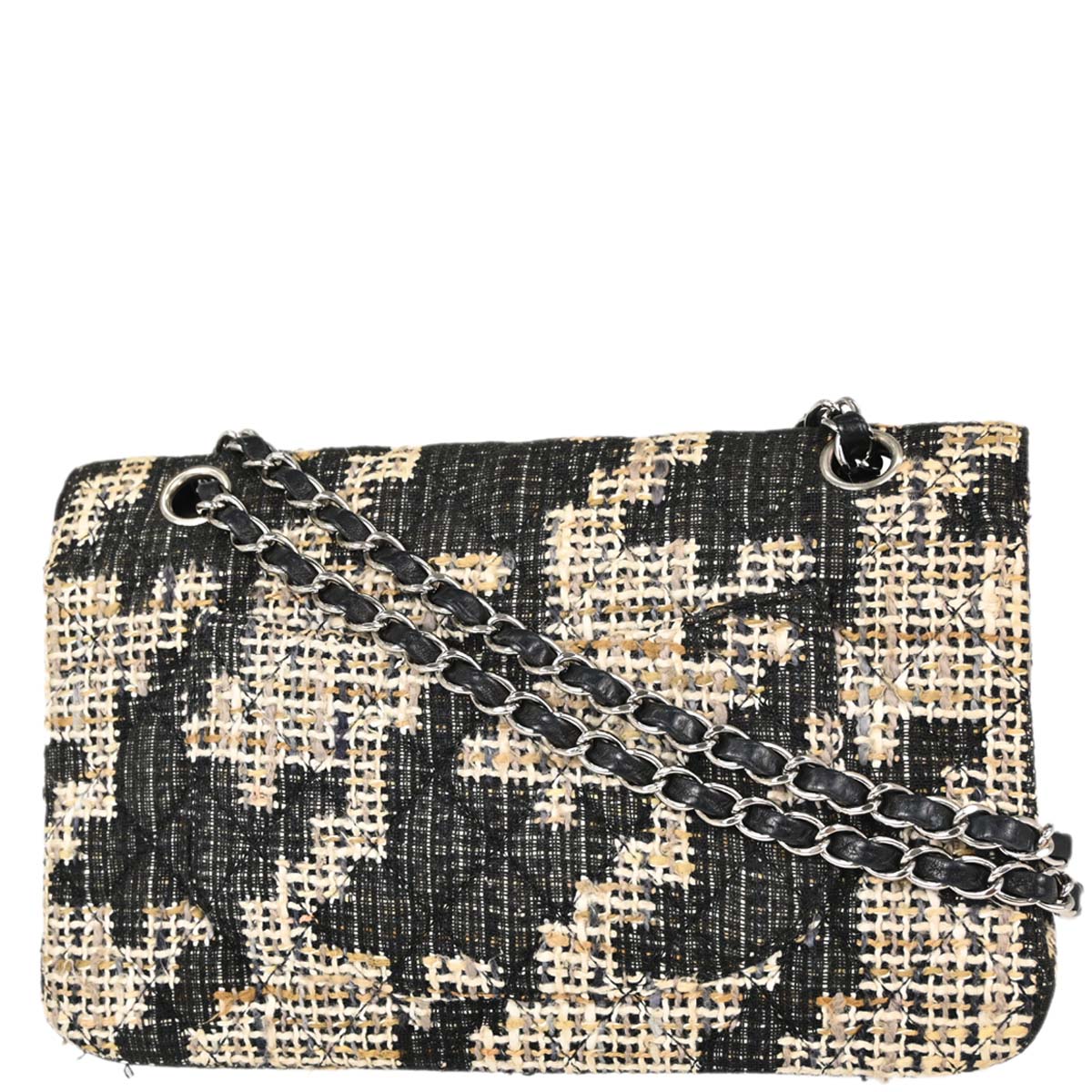 Chanel 2005-2006 Beige Black Tweed Medium Classic Double Flap Shoulder Bag