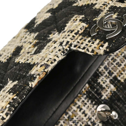 Chanel 2005-2006 Beige Black Tweed Medium Classic Double Flap Shoulder Bag