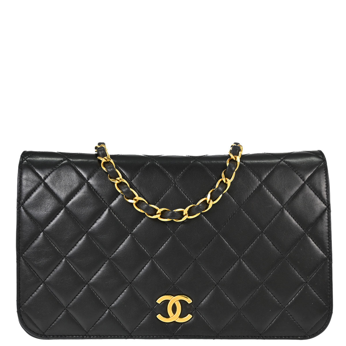 Chanel 1991-1994 Black Lambskin Pushlock Small Full Flap Shoulder Bag