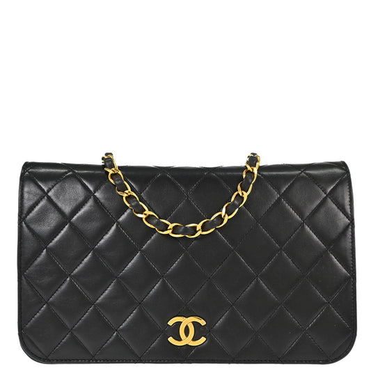 Chanel 1991-1994 Black Lambskin Pushlock Small Full Flap Shoulder Bag