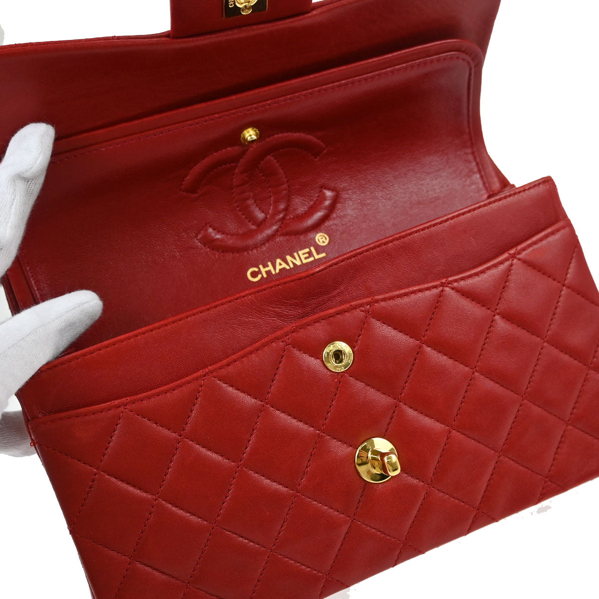 Chanel Red Lambskin Small Classic Double Flap Shoulder Bag