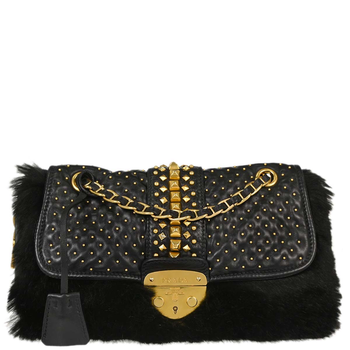 Prada Black Lambskin Faux Fur Studded Shoulder Bag