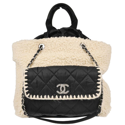 Chanel White Black Wool Nylon Coco Neige Shopping Tote 2way Shoulder Handbag