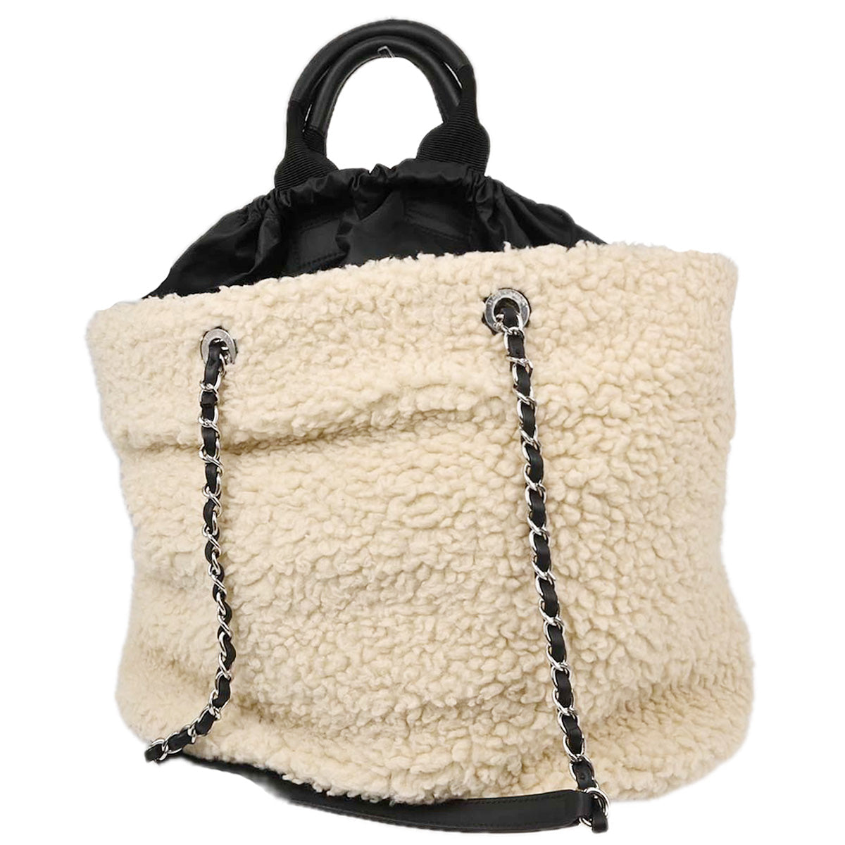 Chanel White Black Wool Nylon Coco Neige Shopping Tote 2way Shoulder Handbag
