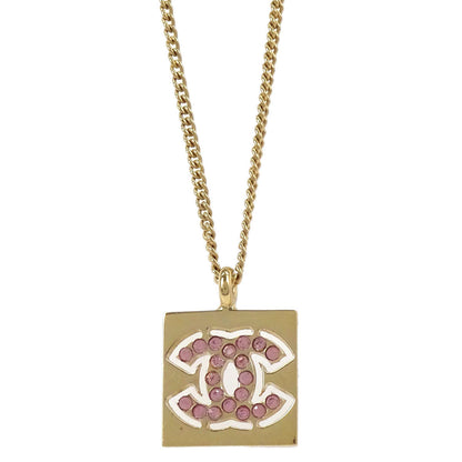 Chanel Rhinestone Gold Square CC Pendant Necklace 02P
