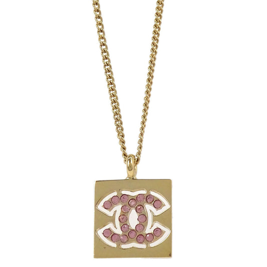 Chanel Rhinestone Gold Square CC Pendant Necklace 02P