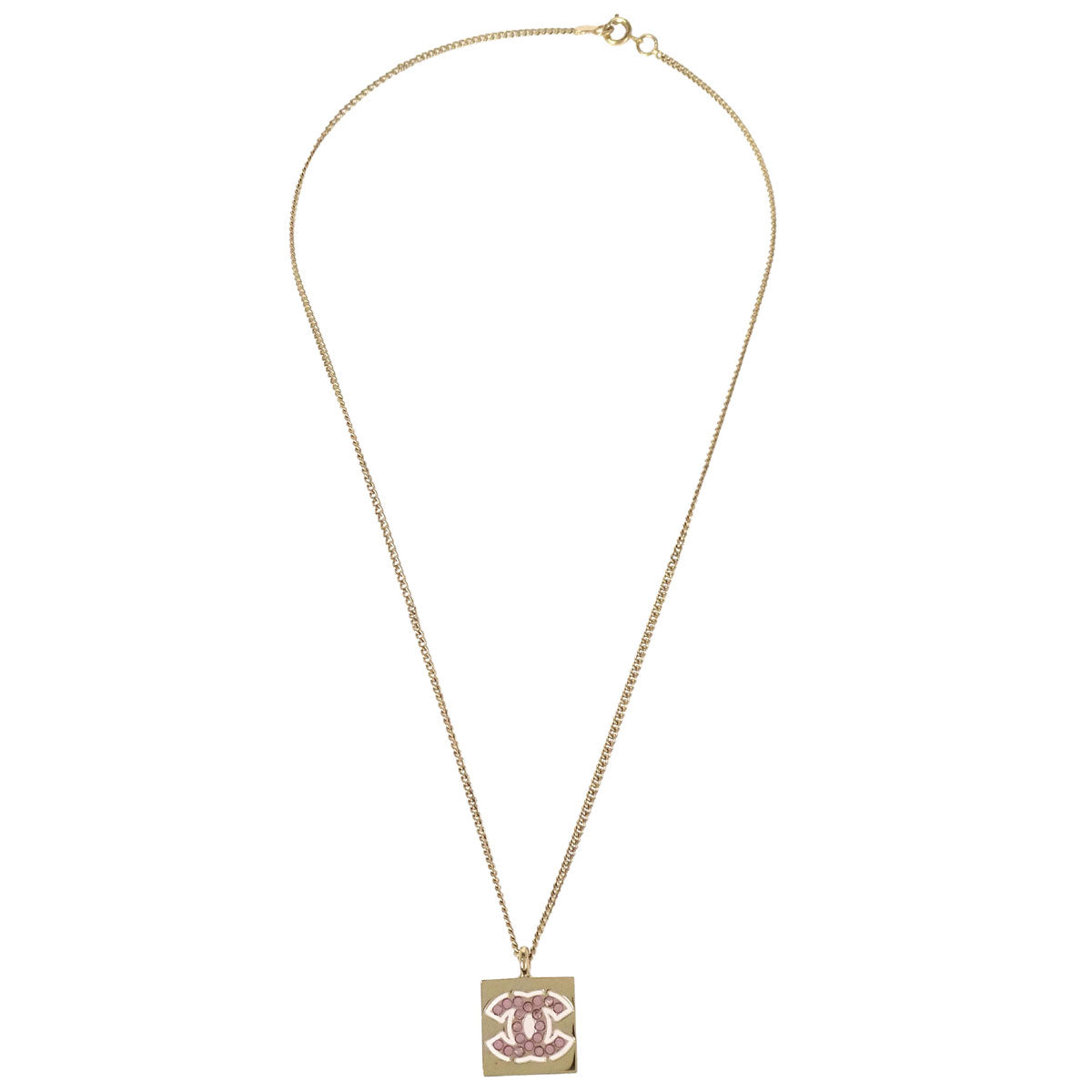 Chanel Rhinestone Gold Square CC Pendant Necklace 02P