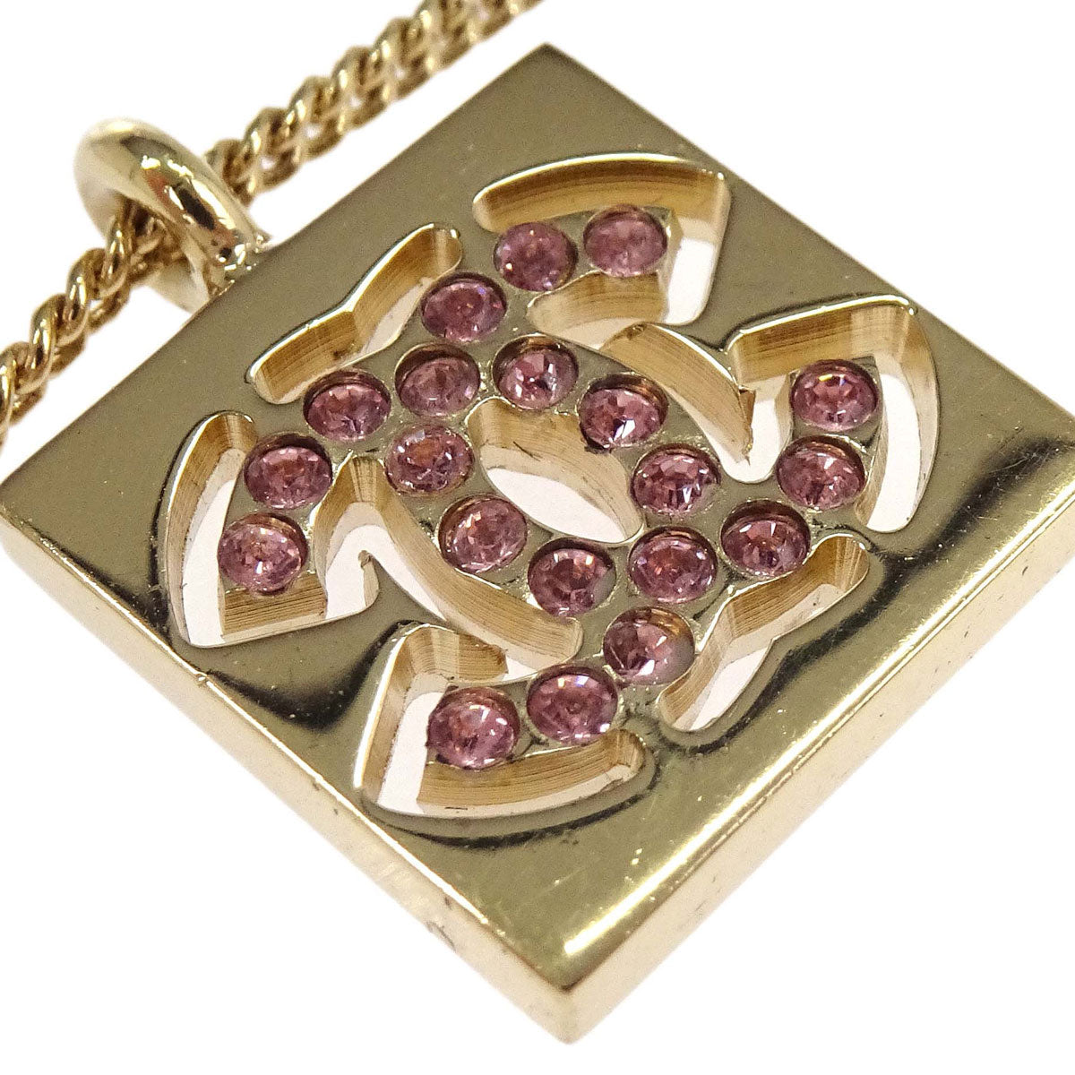 Chanel Rhinestone Gold Square CC Pendant Necklace 02P