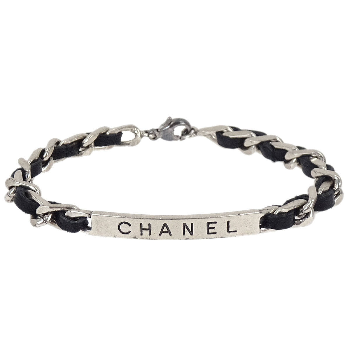 Chanel Logo Plate Leather Bracelet Silver 96P