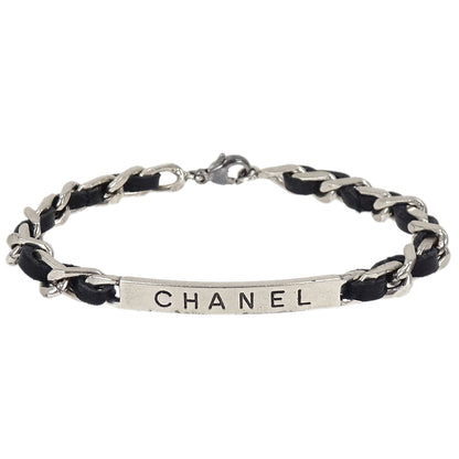Chanel Logo Plate Leather Bracelet Silver 96P