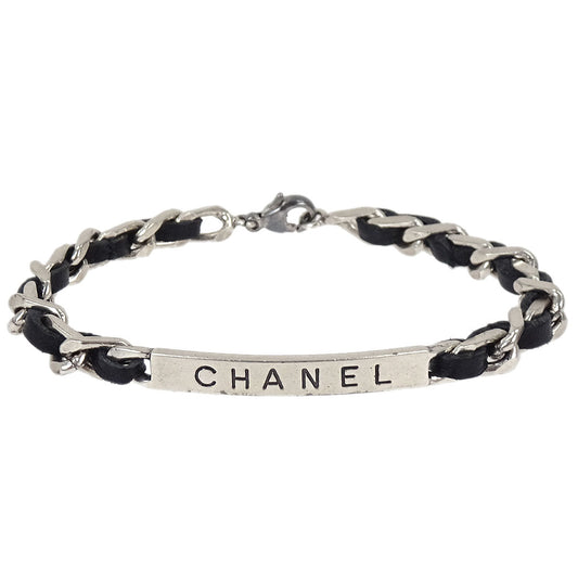 Chanel Logo Plate Leather Bracelet Silver 96P