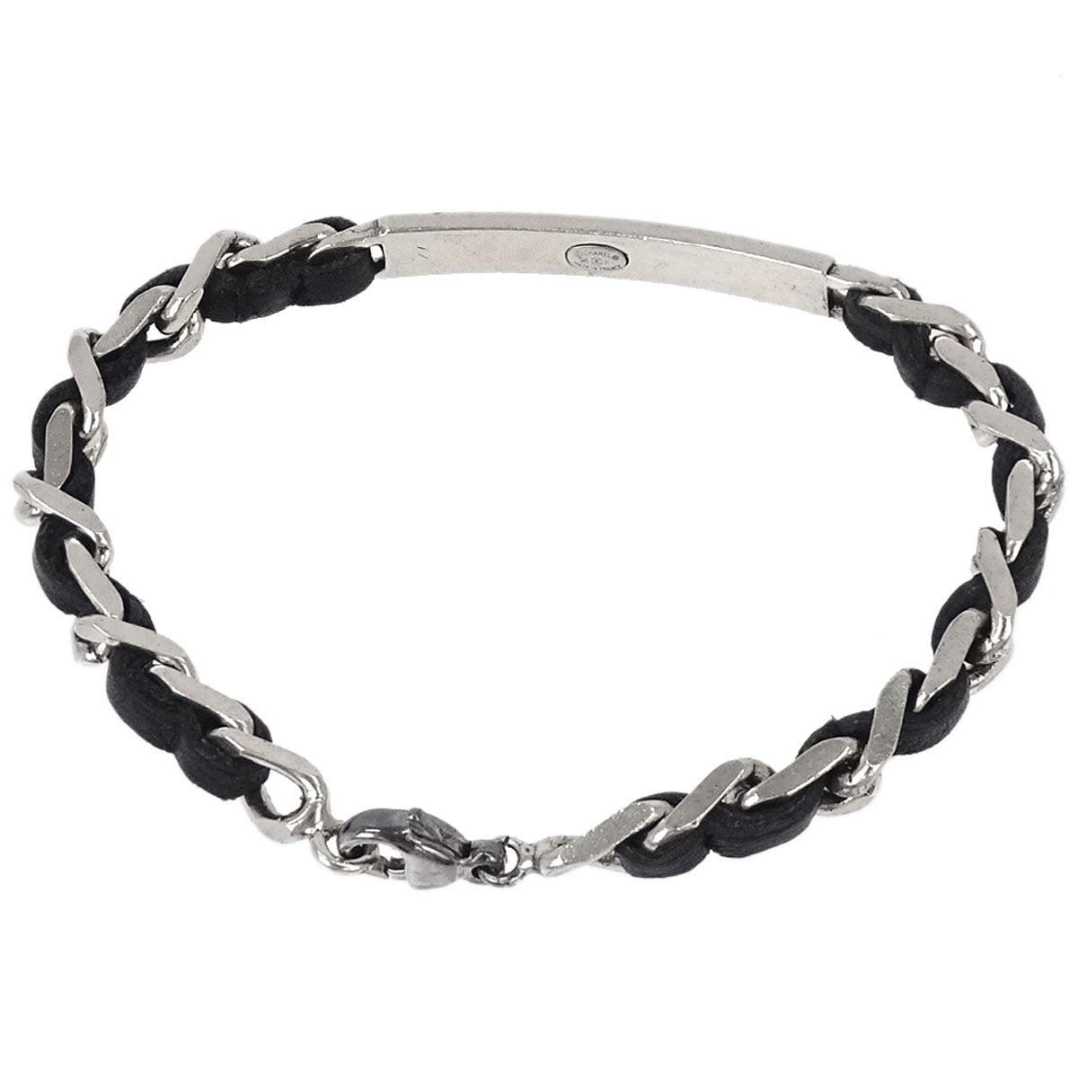 Chanel Logo Plate Leather Bracelet Silver 96P