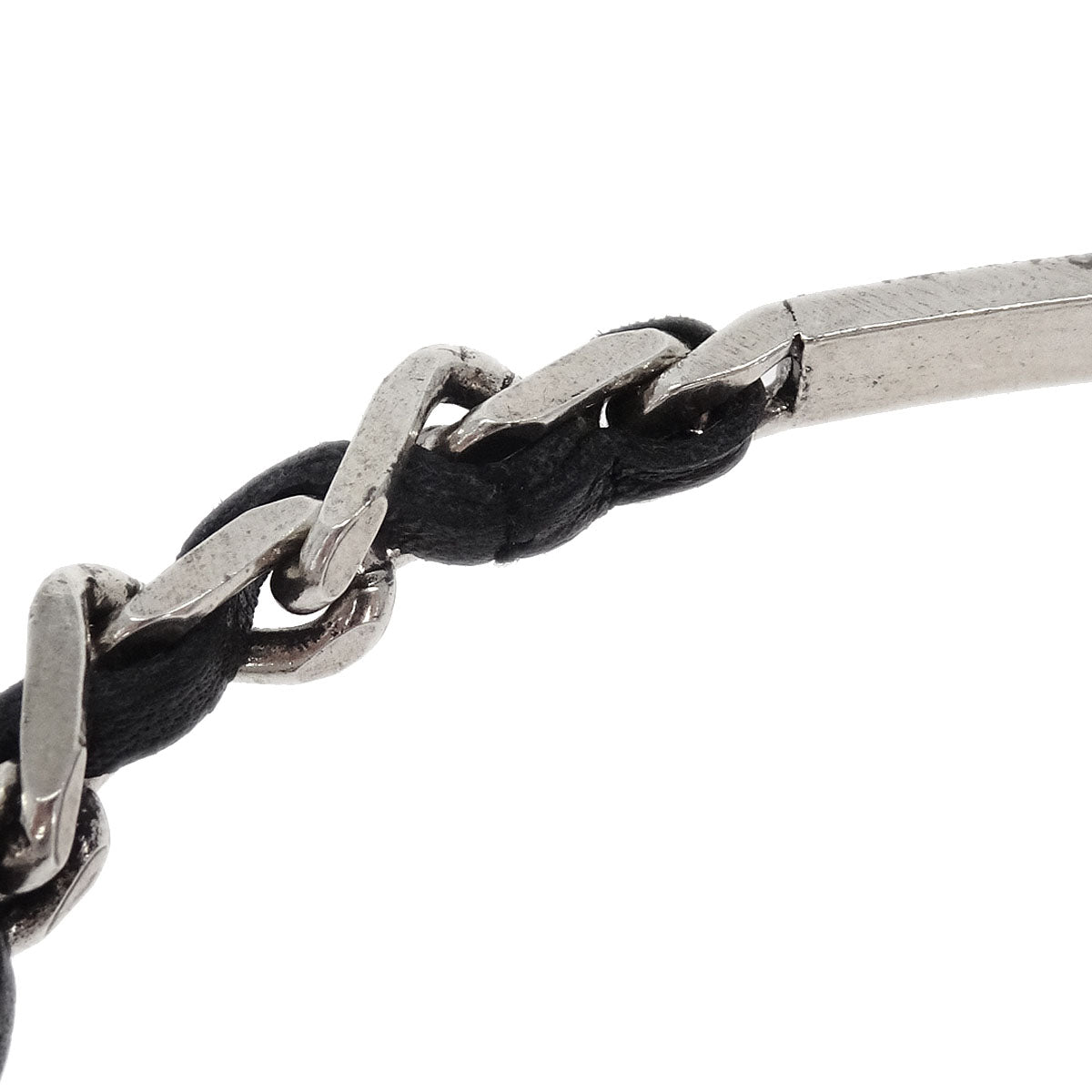 Chanel Logo Plate Leather Bracelet Silver 96P