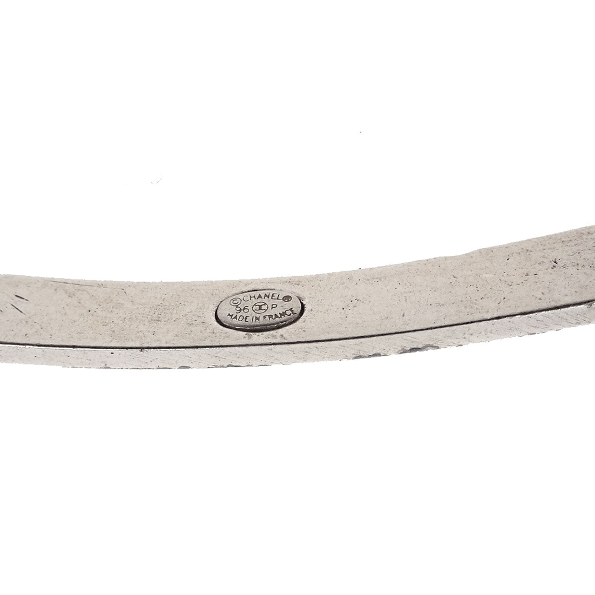 Chanel Logo Plate Leather Bracelet Silver 96P