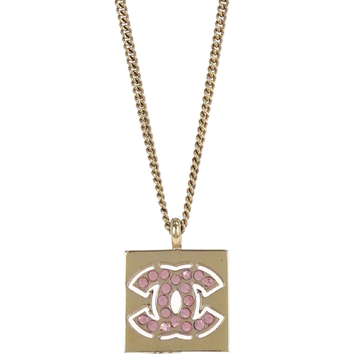 Chanel Rhinestone Gold Square CC Pendant Necklace 02P