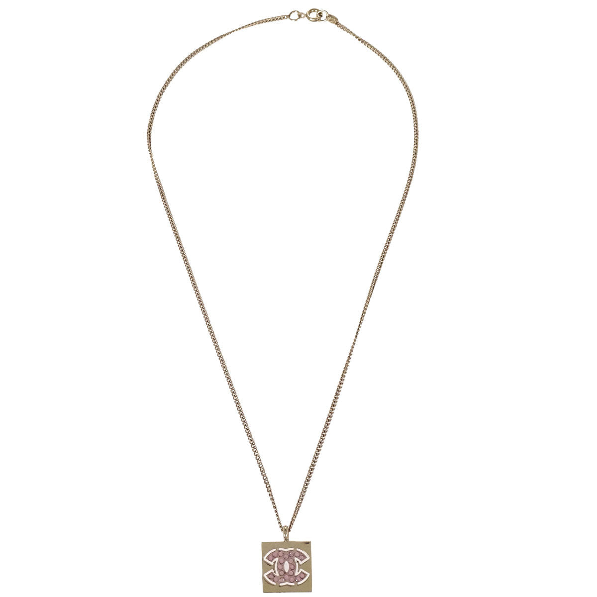 Chanel Rhinestone Gold Square CC Pendant Necklace 02P