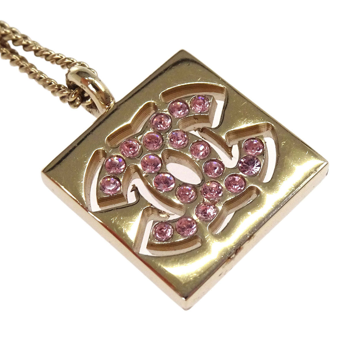 Chanel Rhinestone Gold Square CC Pendant Necklace 02P