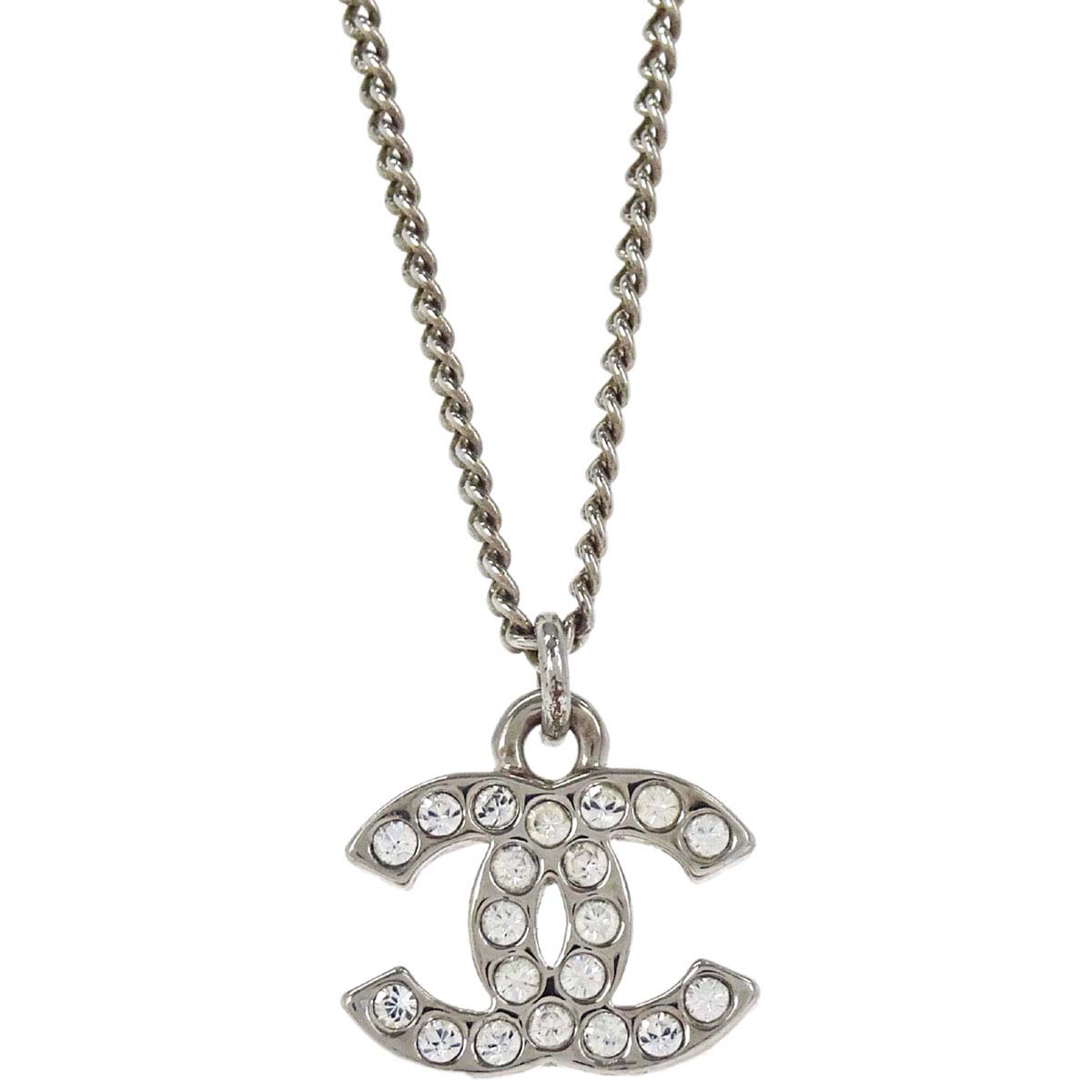 Chanel CC Chain Necklace Pendant Silver Rhinestone C12V