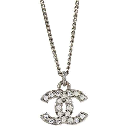 Chanel CC Chain Necklace Pendant Silver Rhinestone C12V