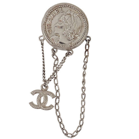 Chanel Coin Dangle CC Brooch Pin Silver 06P