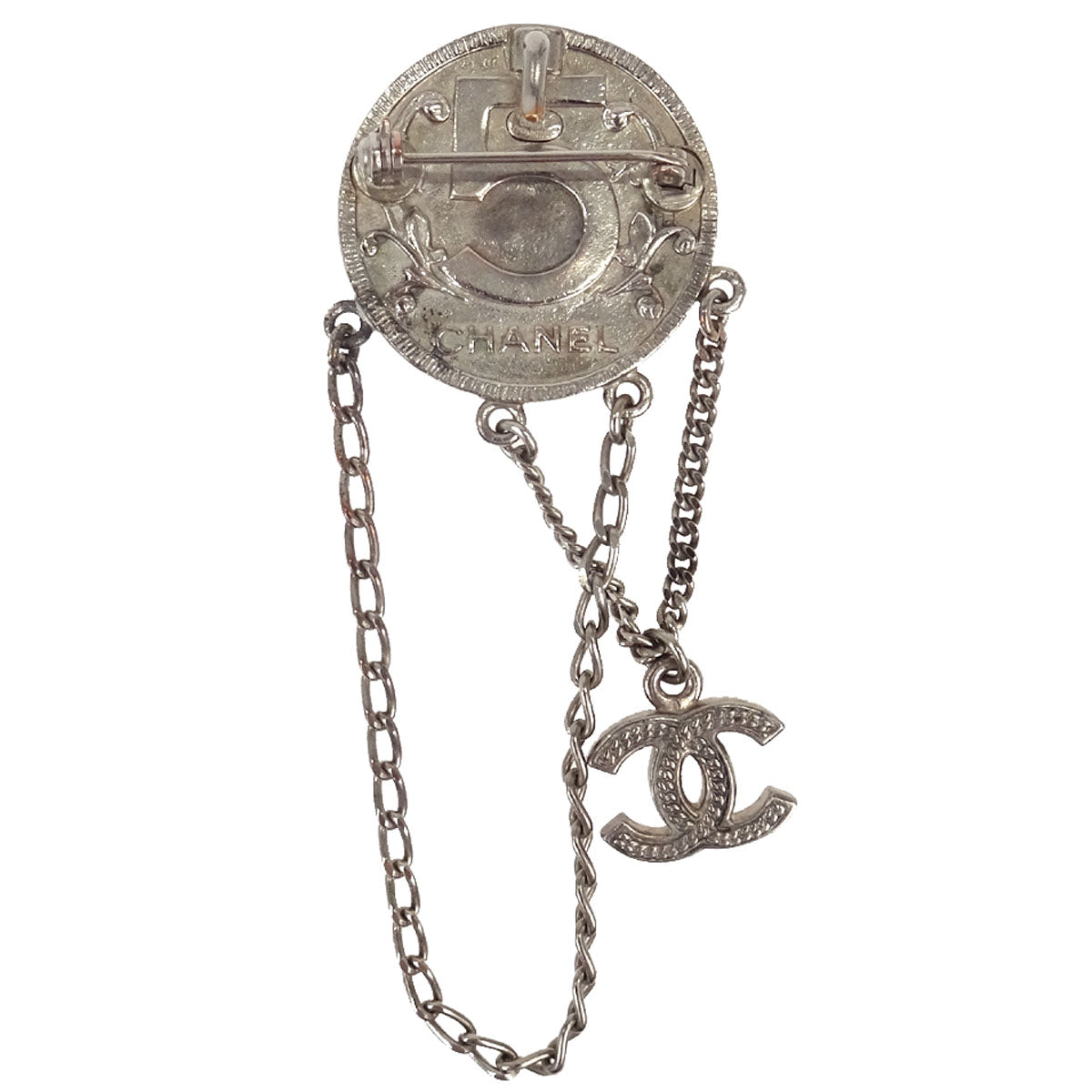 Chanel Coin Dangle CC Brooch Pin Silver 06P