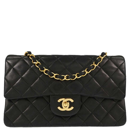 Chanel 1991-1994 Black Lambskin Small Classic Double Flap Shoulder Bag