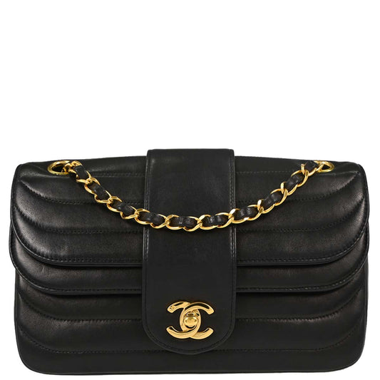 Chanel 1991-1994 Black Lambskin Horizontal Stitch Small Double Flap Shoulder Bag