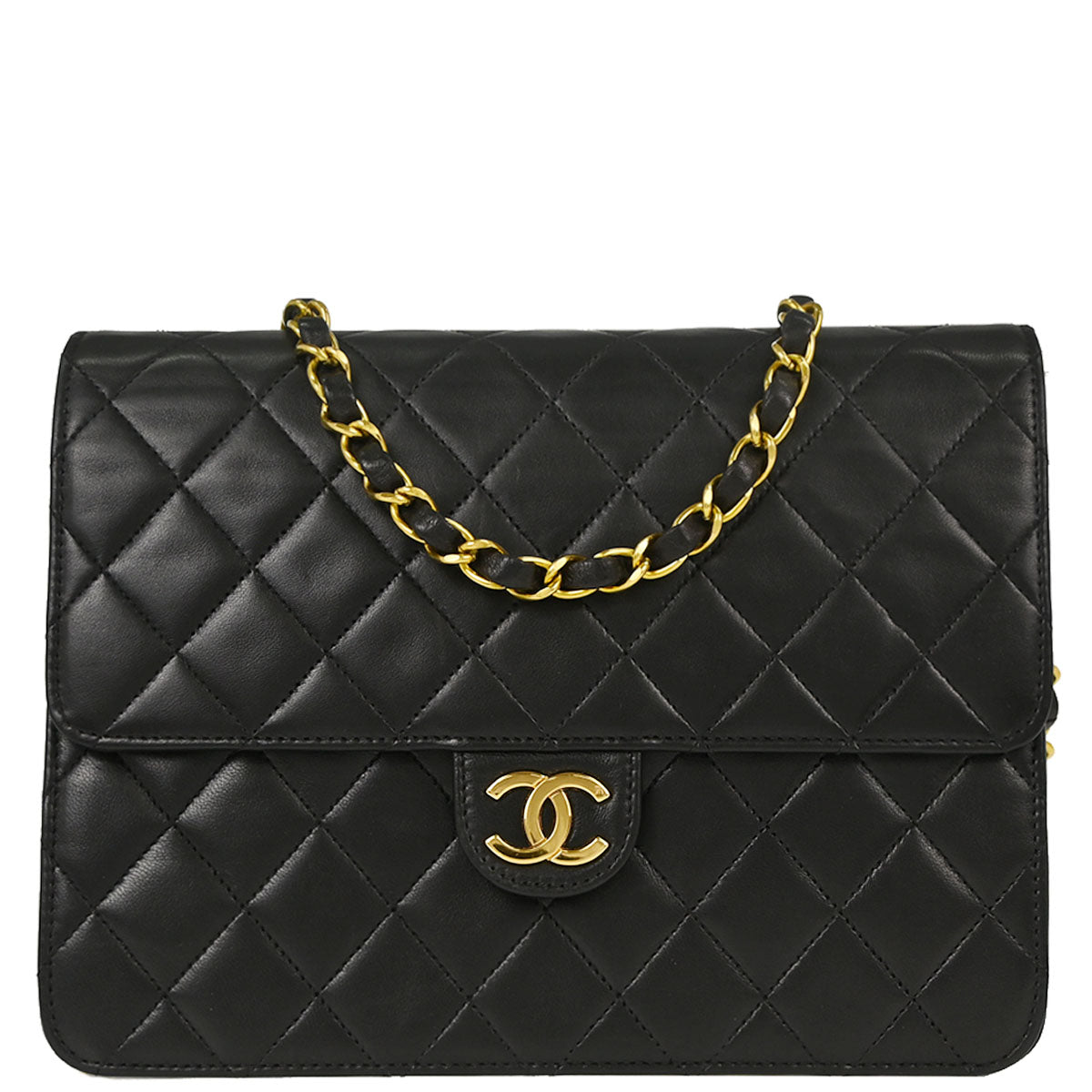Chanel 1994-1996 Black Lambskin Pushlock Small Half Flap Shoulder Bag