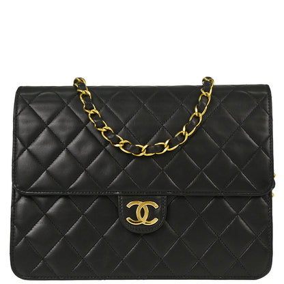Chanel 1994-1996 Black Lambskin Pushlock Small Half Flap Shoulder Bag