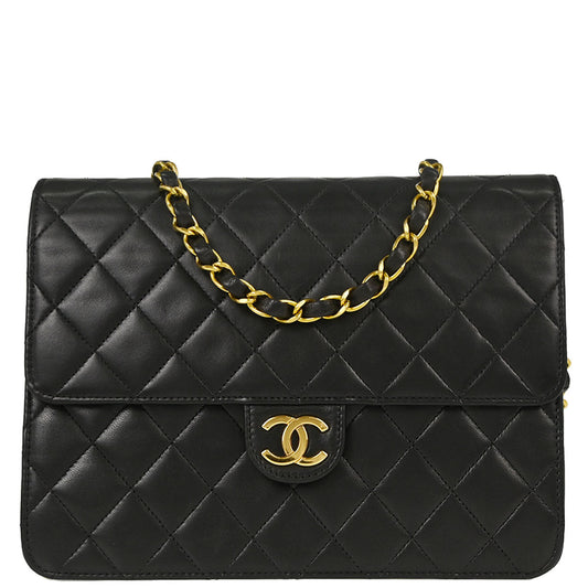 Chanel 1994-1996 Black Lambskin Pushlock Small Half Flap Shoulder Bag