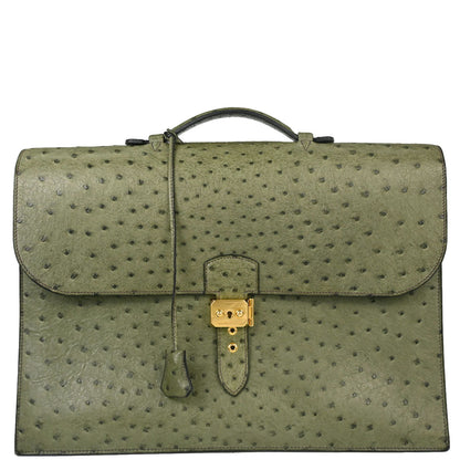 Hermes * Vert Olive Ostrich Sac a Depeches 41 Business Handbag