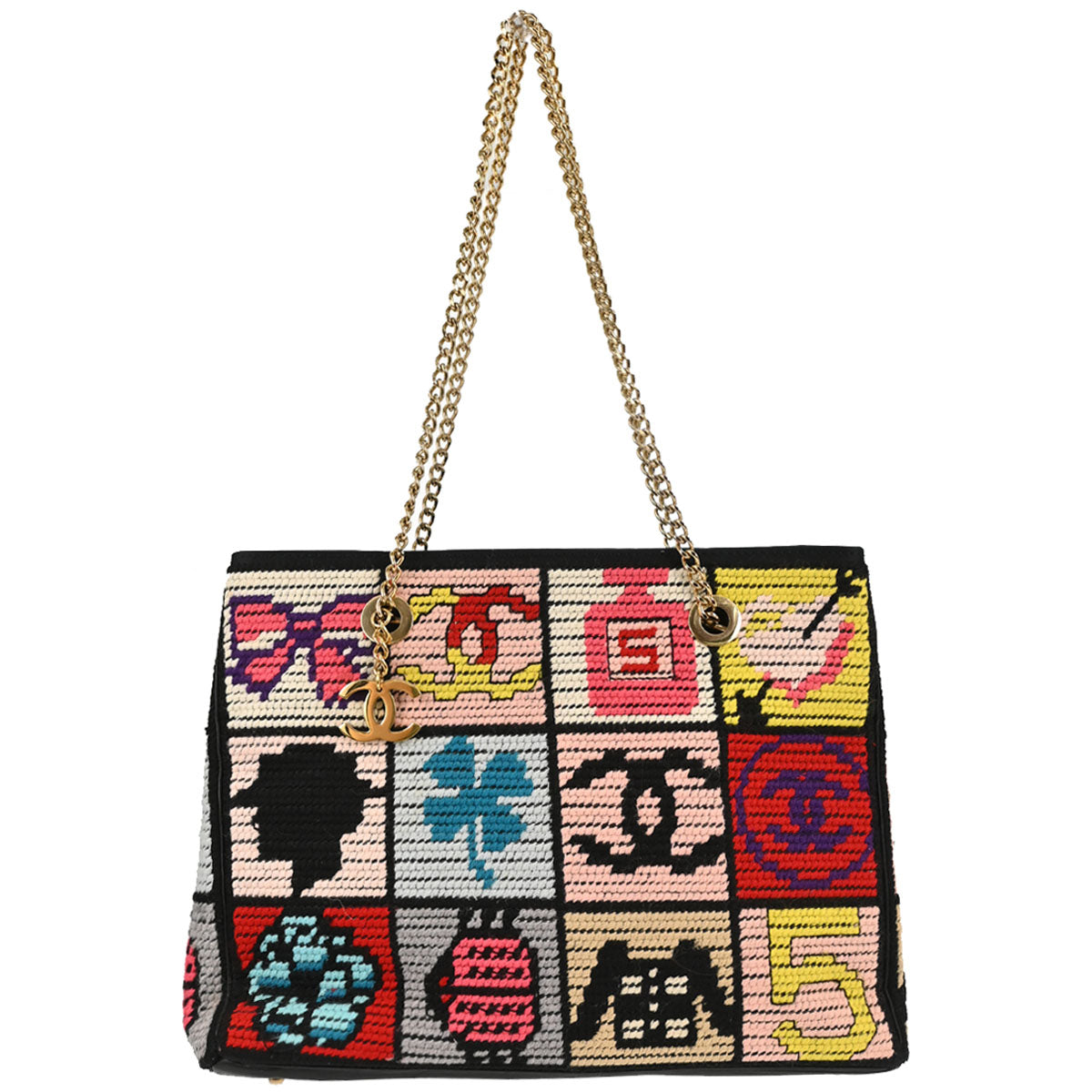 Chanel Black Canvas Precious Symbols Needlepoint Tote Handbag