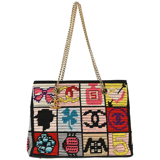 Chanel Black Canvas Precious Symbols Needlepoint Tote Handbag