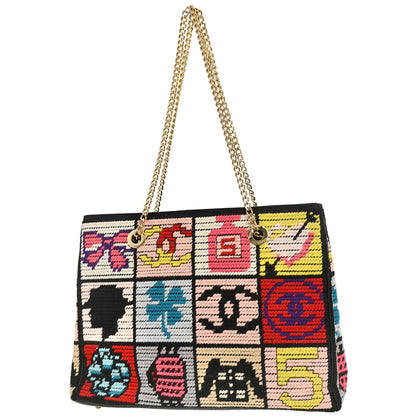 Chanel Black Canvas Precious Symbols Needlepoint Tote Handbag