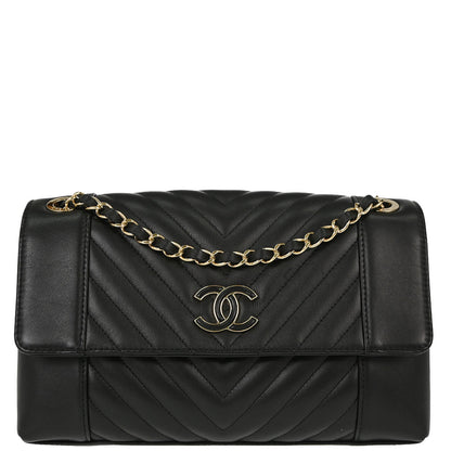 Chanel 2019 Black Lambskin Chevron Straight Flap Shoulder Bag