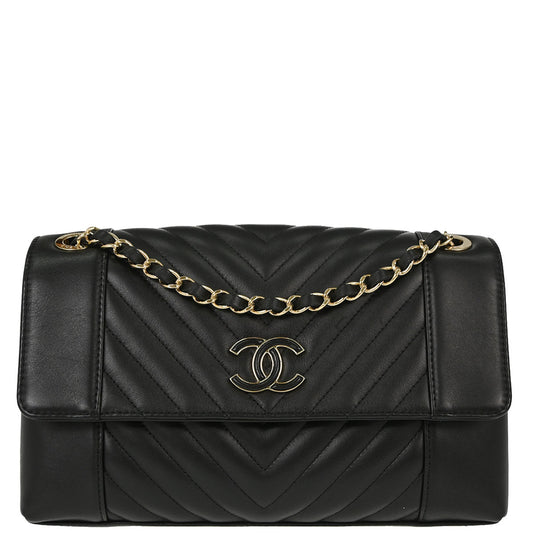 Chanel 2019 Black Lambskin Chevron Straight Flap Shoulder Bag