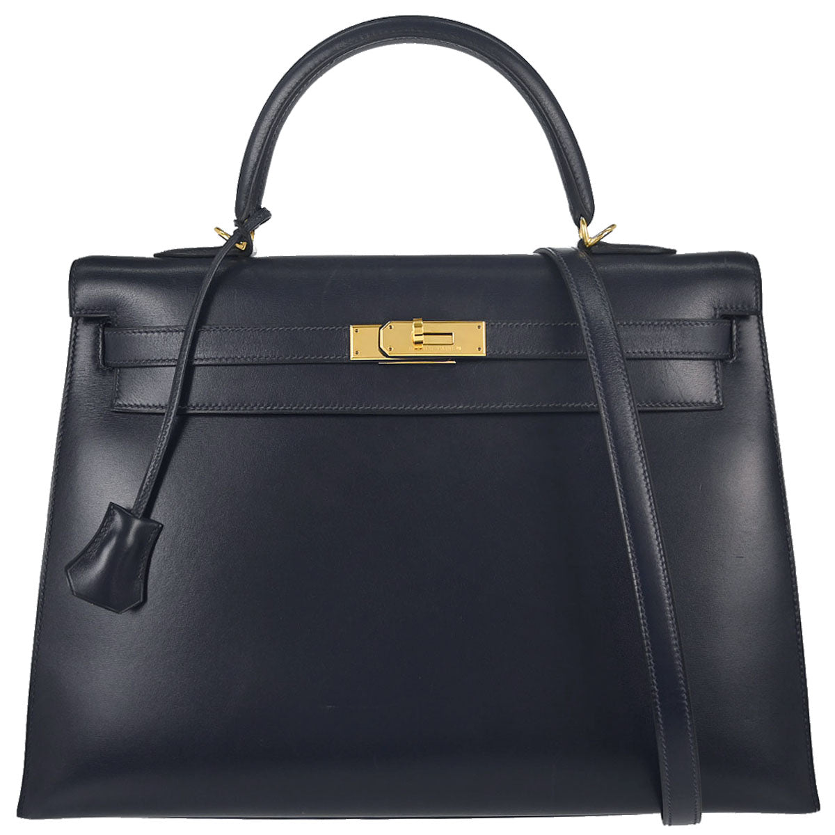 Hermes Blue Indigo Box Calf Kelly 35 Sellier 2way Shoulder Handbag