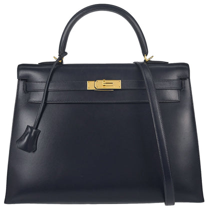 Hermes Blue Indigo Box Calf Kelly 35 Sellier 2way Shoulder Handbag
