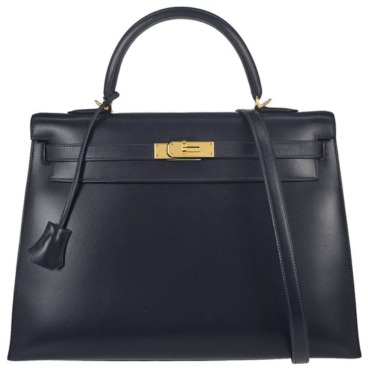 Hermes Blue Indigo Box Calf Kelly 35 Sellier 2way Shoulder Handbag